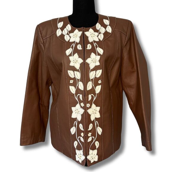 Pamela McCoy Leather Jacket Large Brown Embroidered Beaded Boho Western Rodeo - Picture 1 of 16
